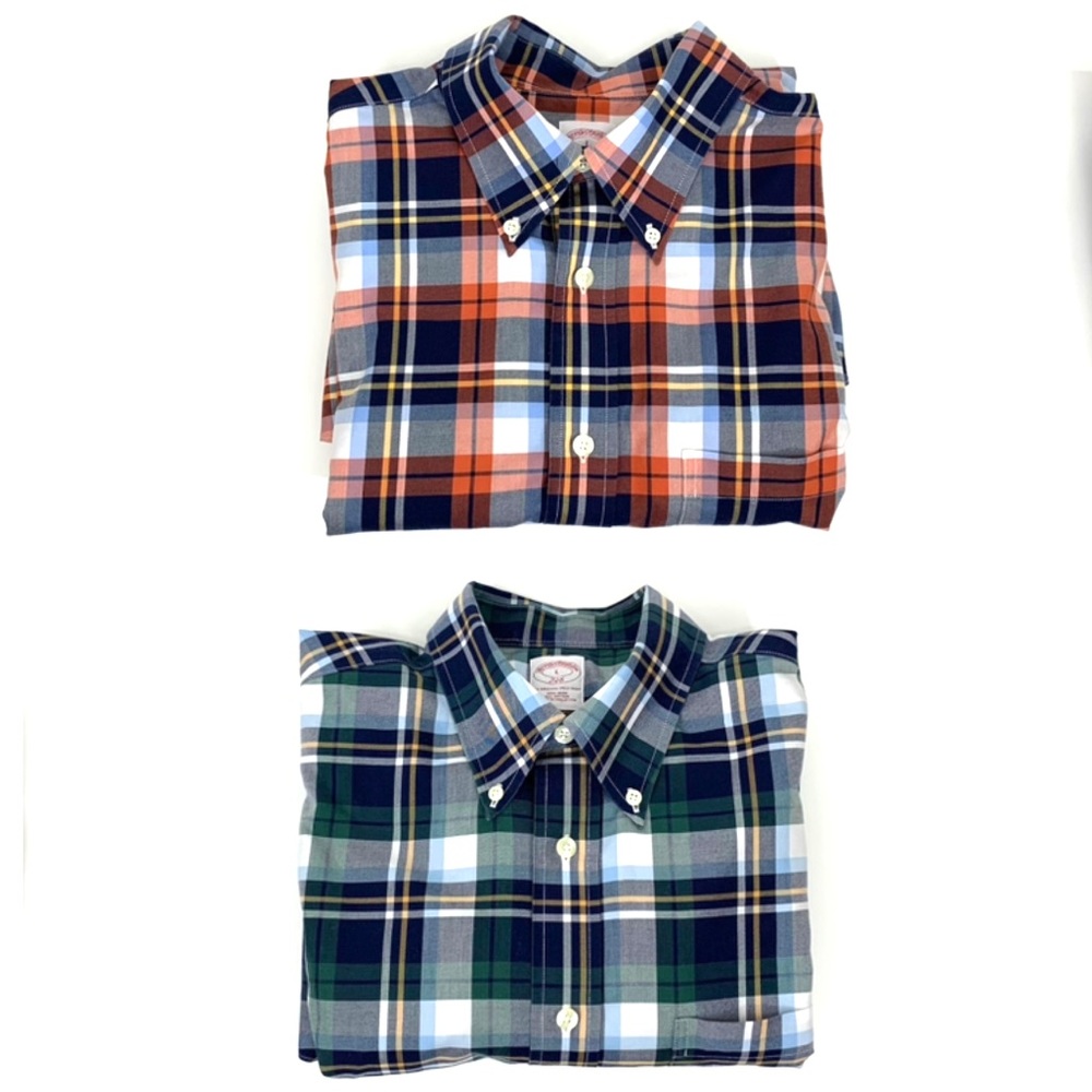 Brooks Brothers Bundle Of Two Button Down Plaid Dress Shirts Orange Blue Green
